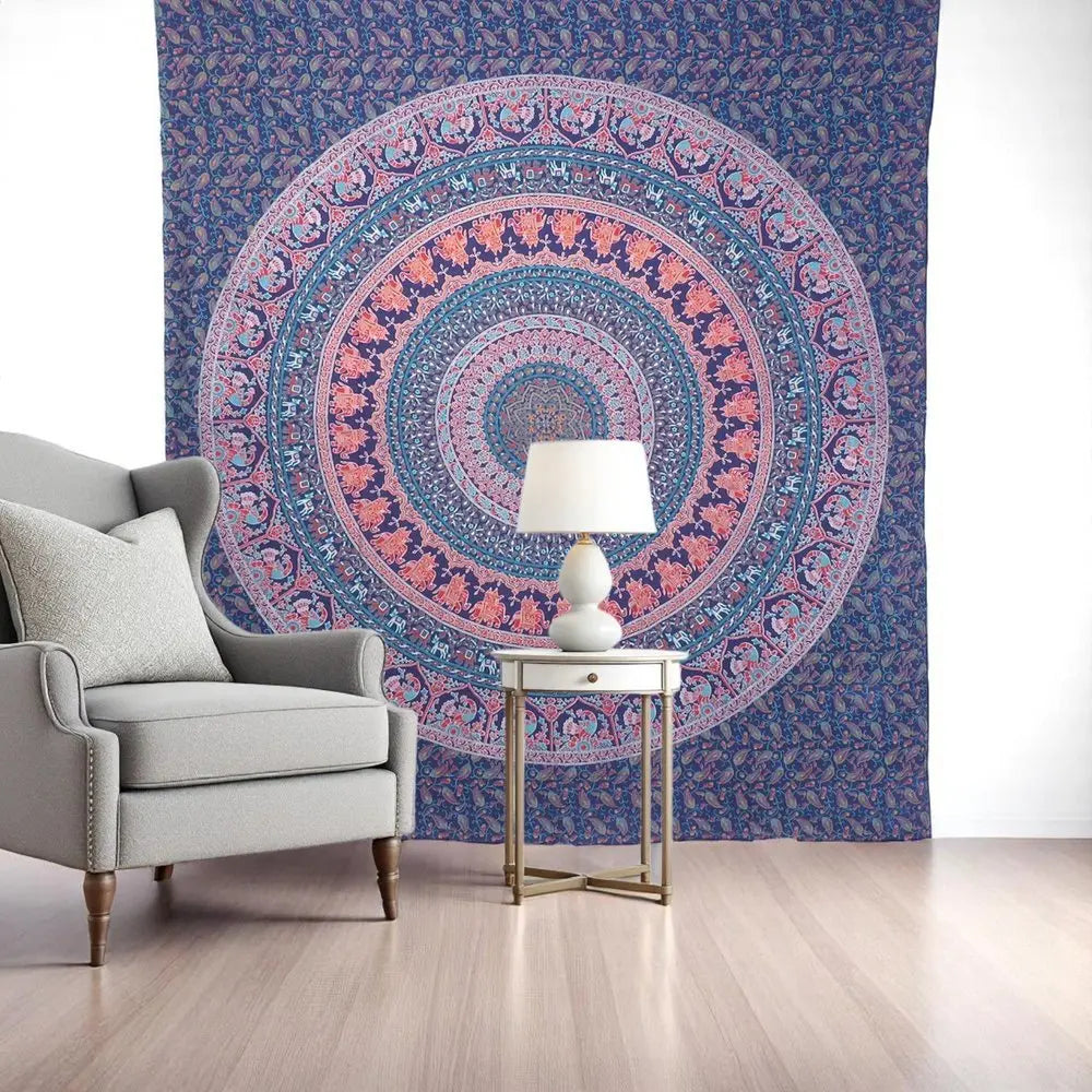 92" X 84" Green Blue And Orange Mandala Cotton Hanging Tapestry - NOBLE HOME INTERIORS