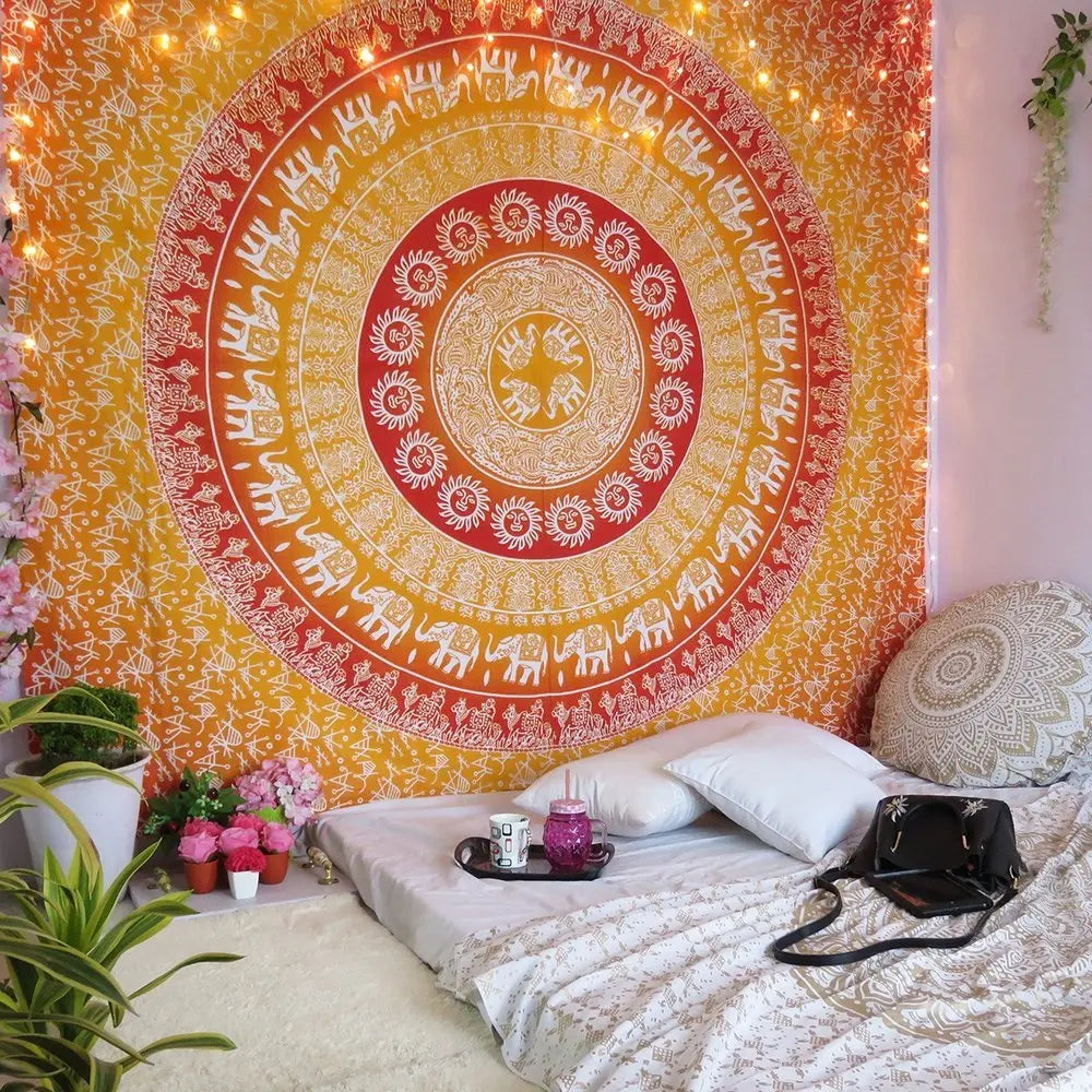 92" X 84" Mustard Red And White Mandala Cotton Hanging Tapestry - NOBLE HOME INTERIORS