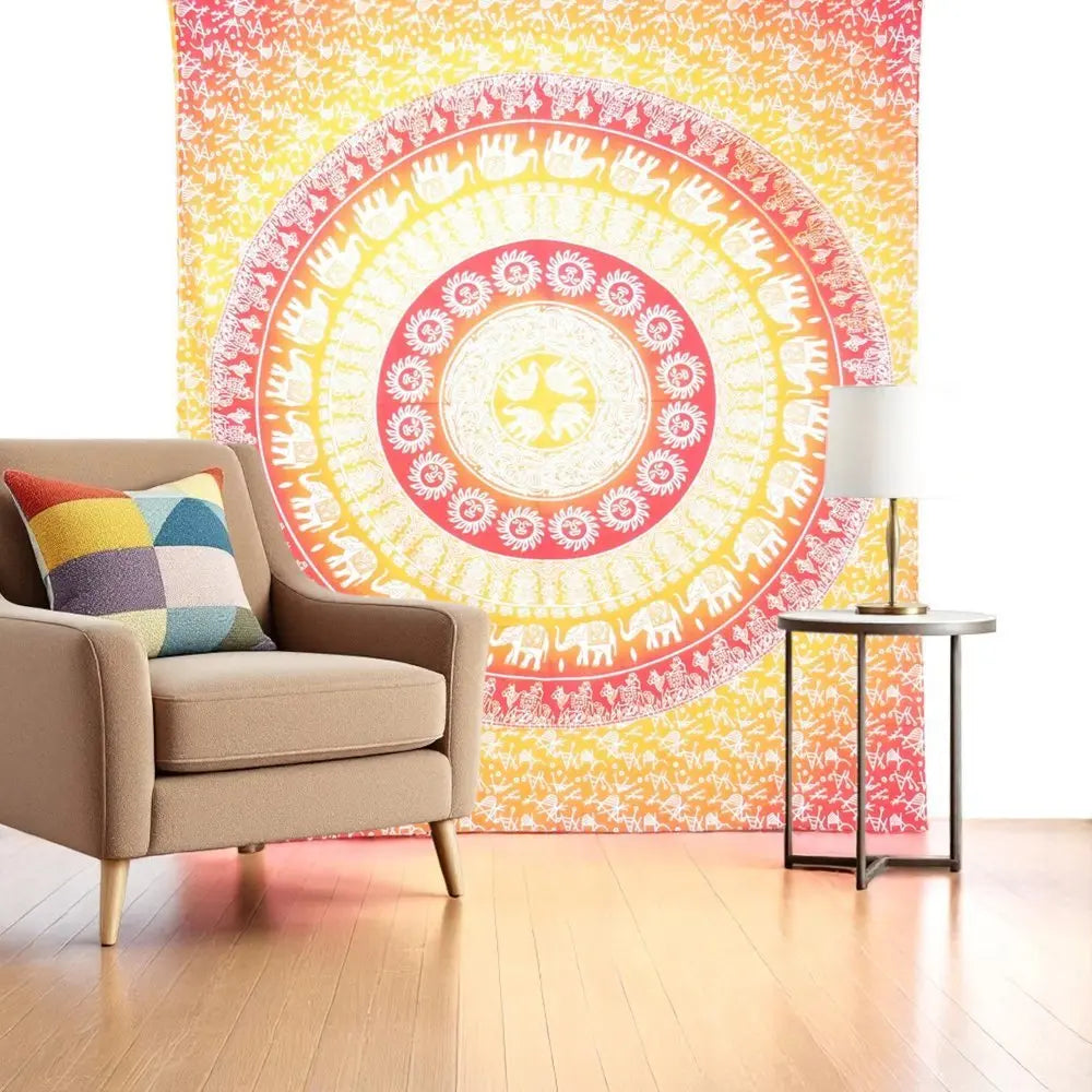 92" X 84" Mustard Red And White Mandala Cotton Hanging Tapestry - NOBLE HOME INTERIORS