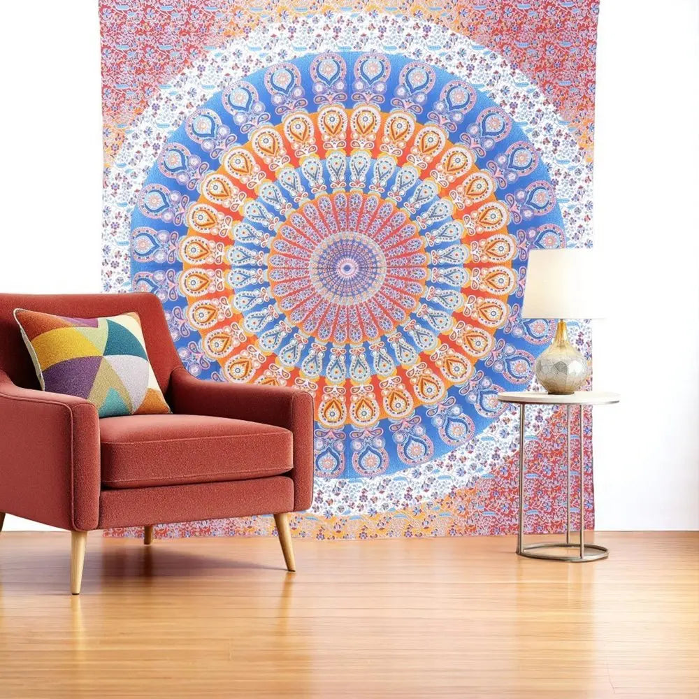 92" X 84" Orange Blue And Yellow Mandala Cotton Hanging Tapestry - NOBLE HOME INTERIORS