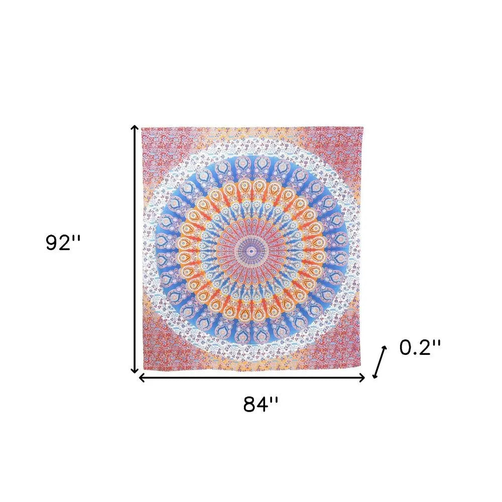 92" X 84" Orange Blue And Yellow Mandala Cotton Hanging Tapestry - NOBLE HOME INTERIORS