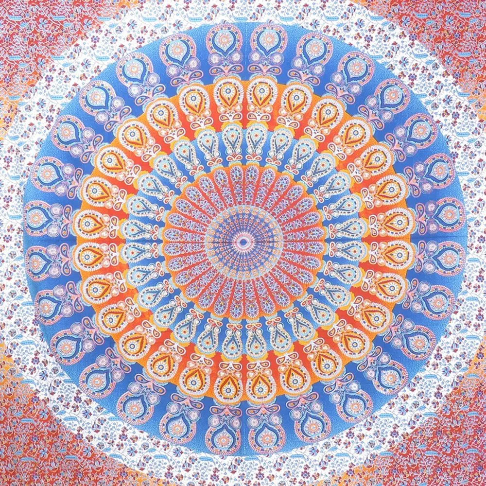 92" X 84" Orange Blue And Yellow Mandala Cotton Hanging Tapestry - NOBLE HOME INTERIORS