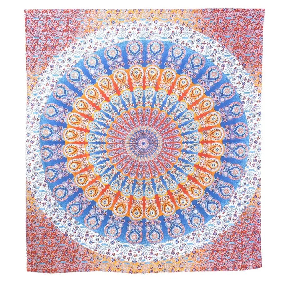 92" X 84" Orange Blue And Yellow Mandala Cotton Hanging Tapestry - NOBLE HOME INTERIORS