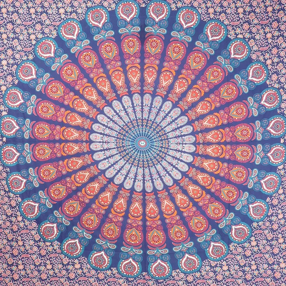92" X 84" Orange Purple And Blue Mandala Cotton Hanging Tapestry - NOBLE HOME INTERIORS