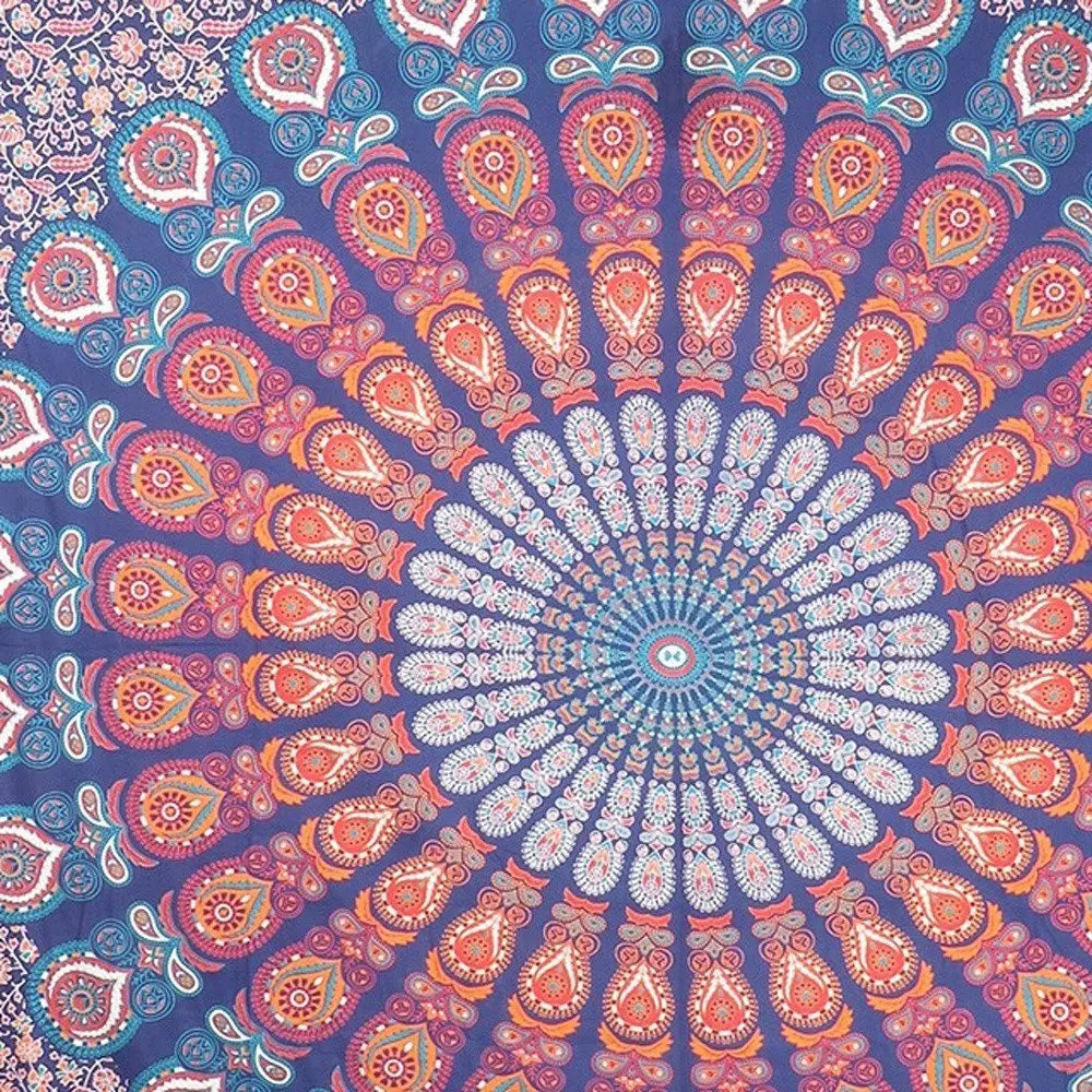 92" X 84" Orange Purple And Blue Mandala Cotton Hanging Tapestry - NOBLE HOME INTERIORS