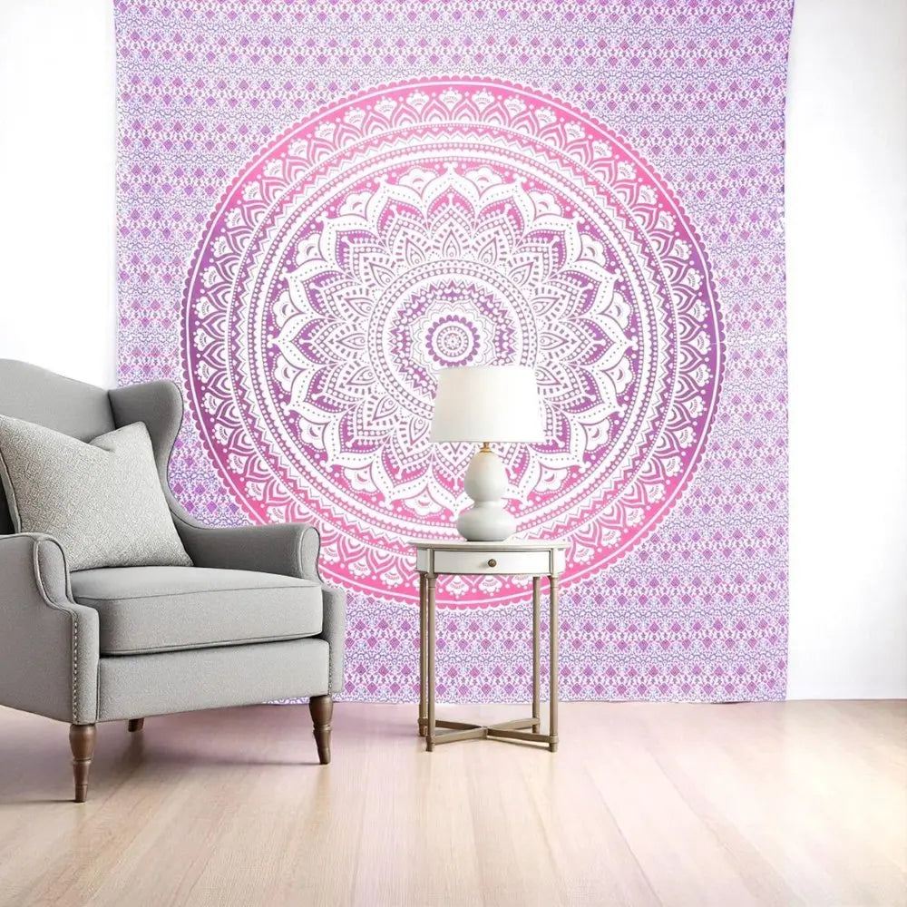 92" X 84" Pink And White Mandala Cotton Hanging Tapestry - NOBLE HOME INTERIORS