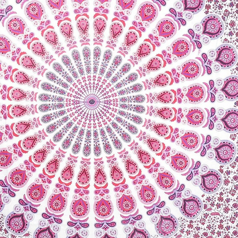 92" X 84" Pink White And Red Mandala Cotton Hanging Tapestry - NOBLE HOME INTERIORS
