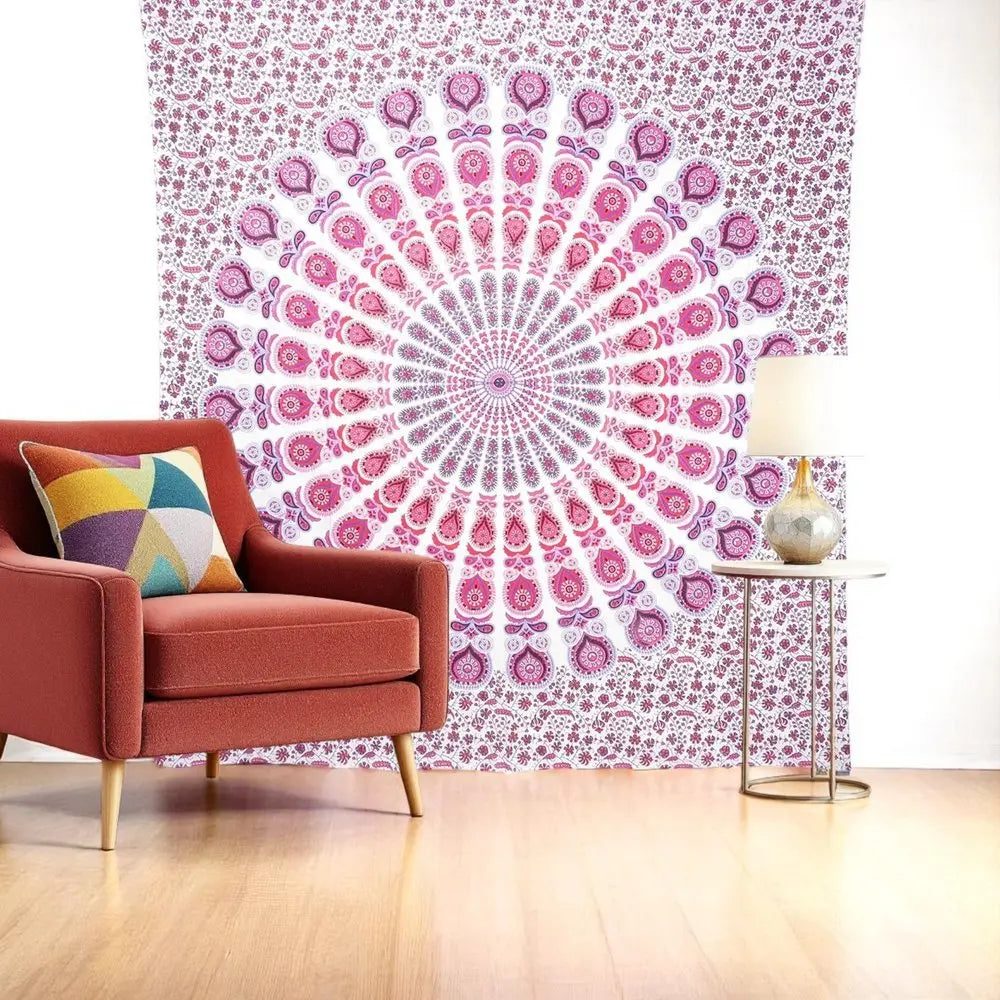 92" X 84" Pink White And Red Mandala Cotton Hanging Tapestry - NOBLE HOME INTERIORS