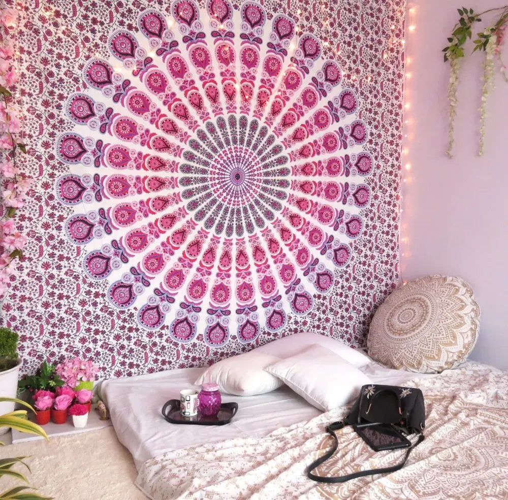 92" X 84" Pink White And Red Mandala Cotton Hanging Tapestry - NOBLE HOME INTERIORS