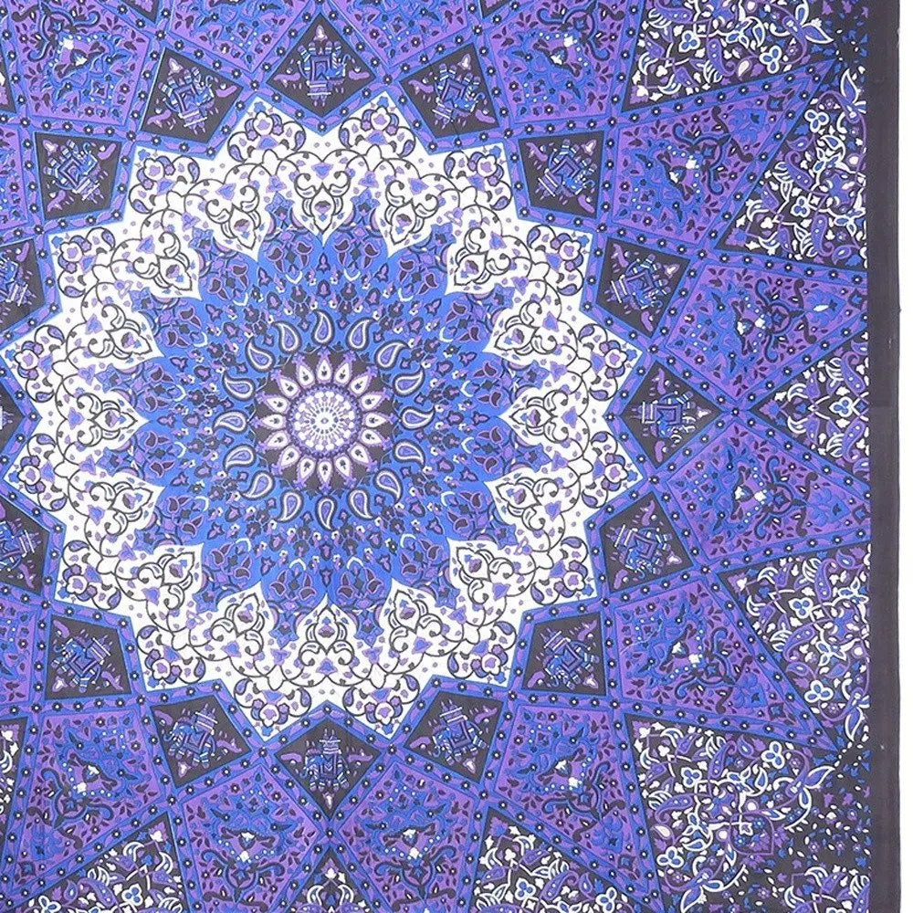 92" X 84" Purple Black And White Mandala Cotton Hanging Tapestry - NOBLE HOME INTERIORS
