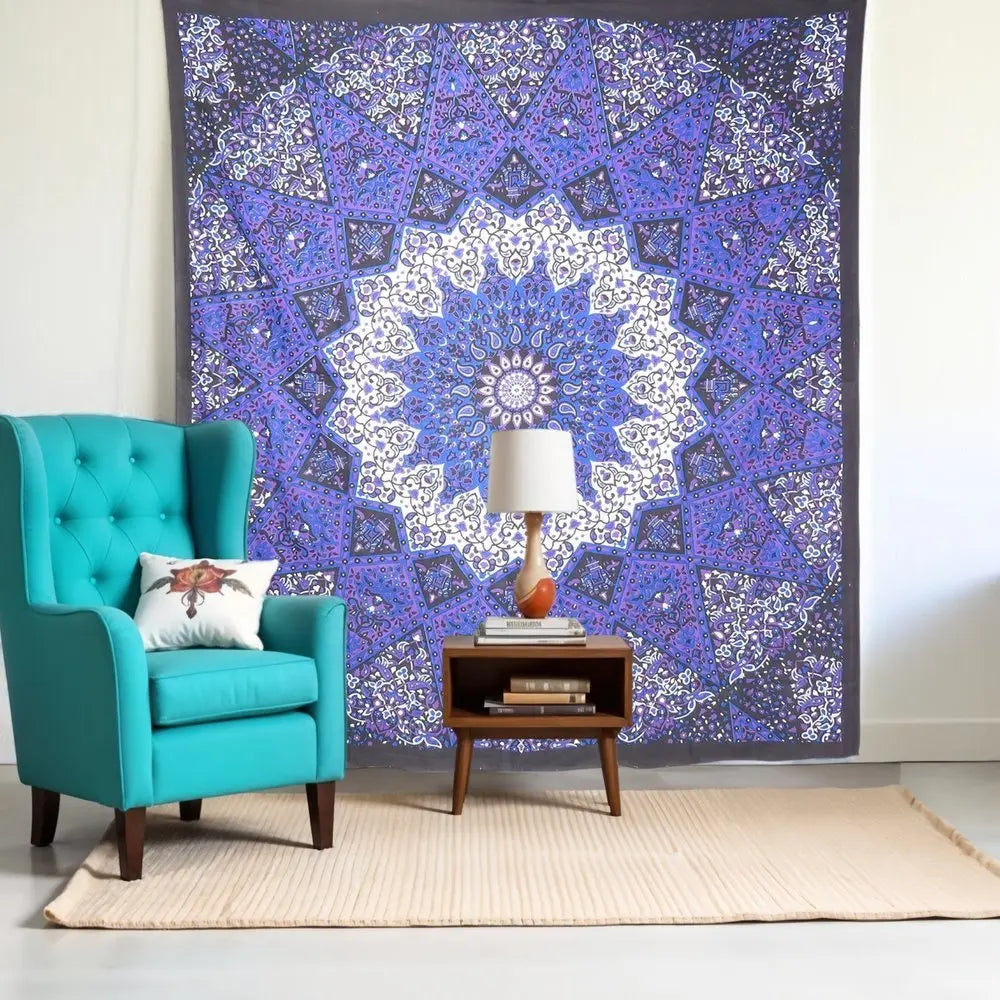 92" X 84" Purple Black And White Mandala Cotton Hanging Tapestry - NOBLE HOME INTERIORS