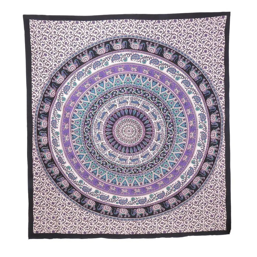 92" X 84" Purple Black And White Mandala Cotton Hanging Tapestry - NOBLE HOME INTERIORS