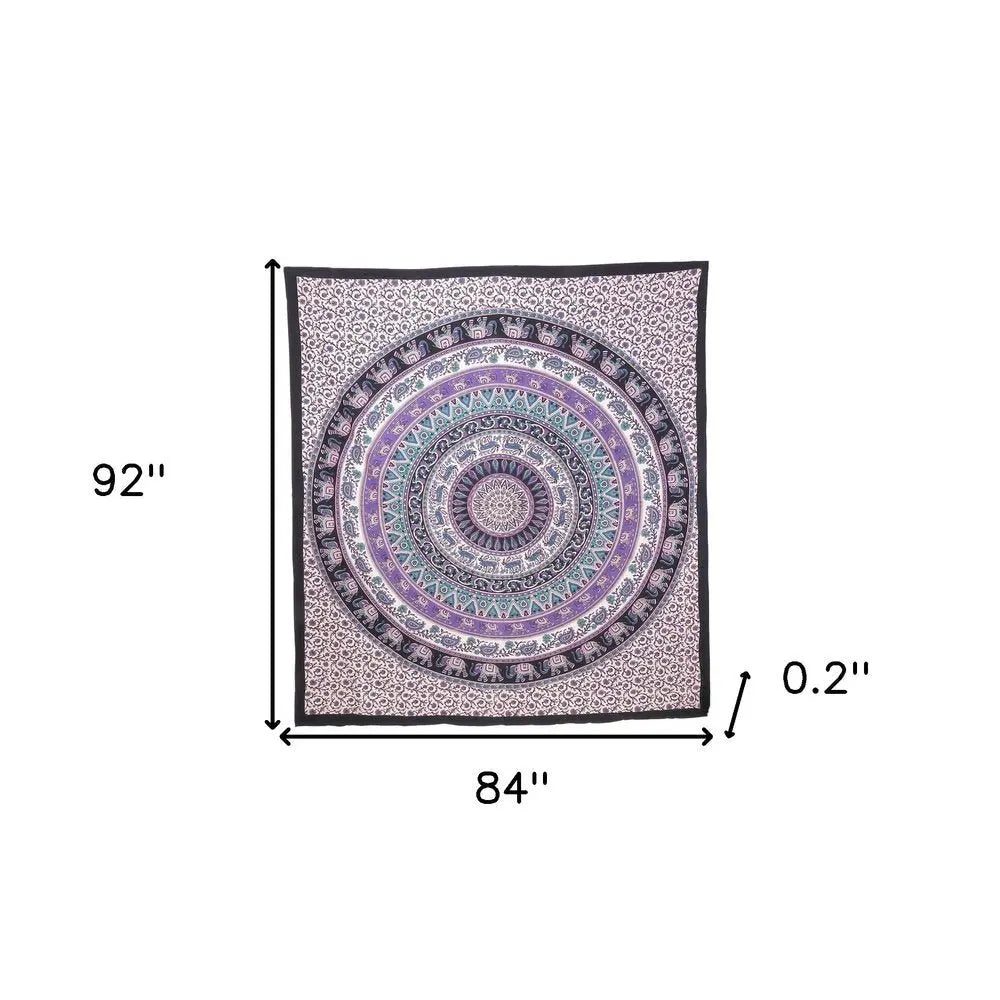 92" X 84" Purple Black And White Mandala Cotton Hanging Tapestry - NOBLE HOME INTERIORS