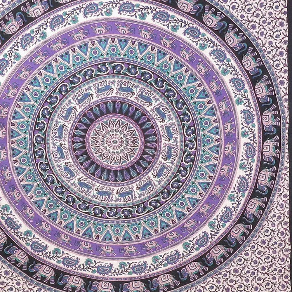 92" X 84" Purple Black And White Mandala Cotton Hanging Tapestry - NOBLE HOME INTERIORS