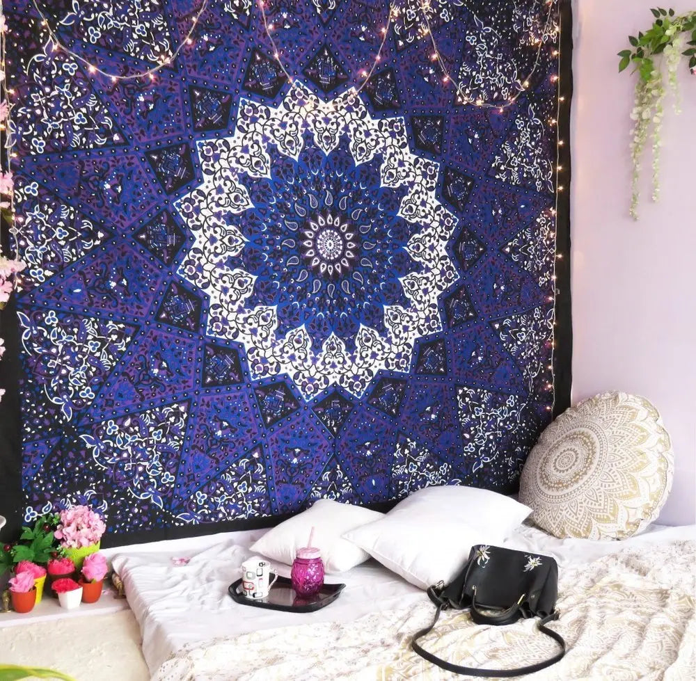 92" X 84" Purple Black And White Mandala Cotton Hanging Tapestry - NOBLE HOME INTERIORS