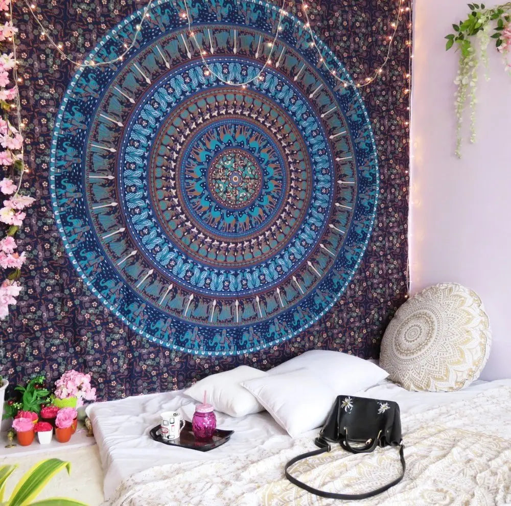 92" X 84" Sky Blue And Purple Mandala Cotton Hanging Tapestry - NOBLE HOME INTERIORS