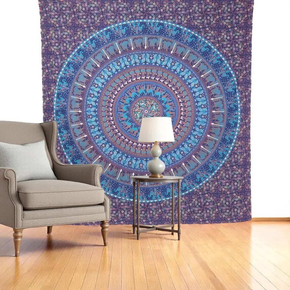 92" X 84" Sky Blue And Purple Mandala Cotton Hanging Tapestry - NOBLE HOME INTERIORS