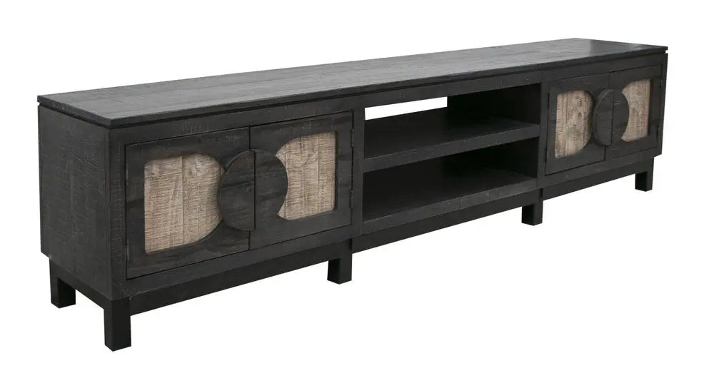 93" Black Solid Wood Cabinet Enclosed Storage Distressed TV Stand - NOVA HOME FURNITURE