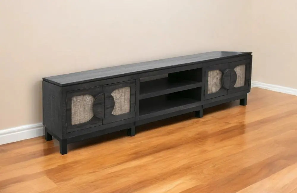 93" Black Solid Wood Cabinet Enclosed Storage Distressed TV Stand - NOVA HOME FURNITURE
