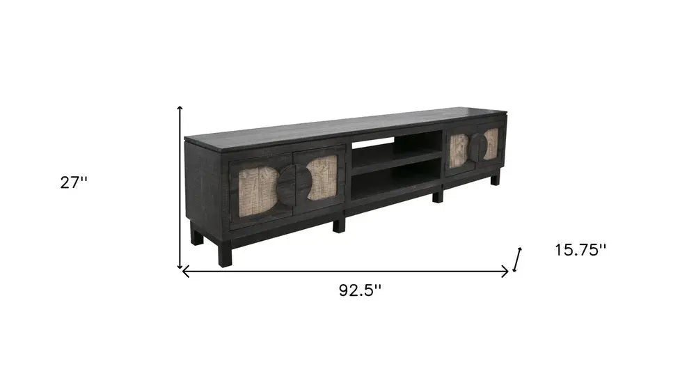 93" Black Solid Wood Cabinet Enclosed Storage Distressed TV Stand - NOVA HOME FURNITURE
