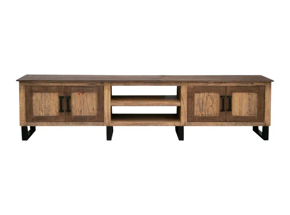 93" Brown Solid Wood Cabinet Enclosed Storage Distressed TV Stand - NOVA HOME FURNITURE