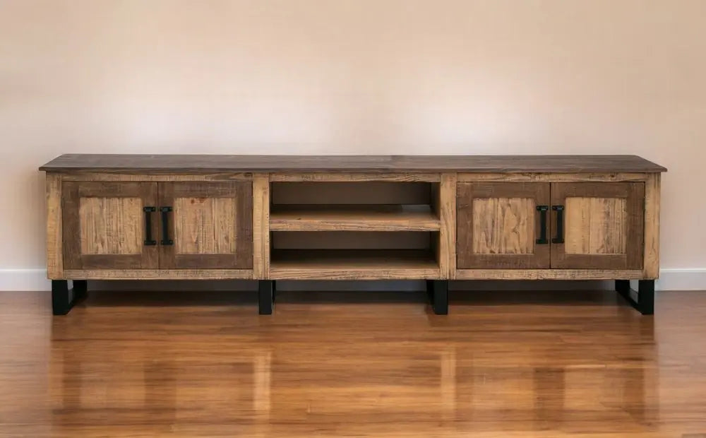 93" Brown Solid Wood Cabinet Enclosed Storage Distressed TV Stand - NOVA HOME FURNITURE