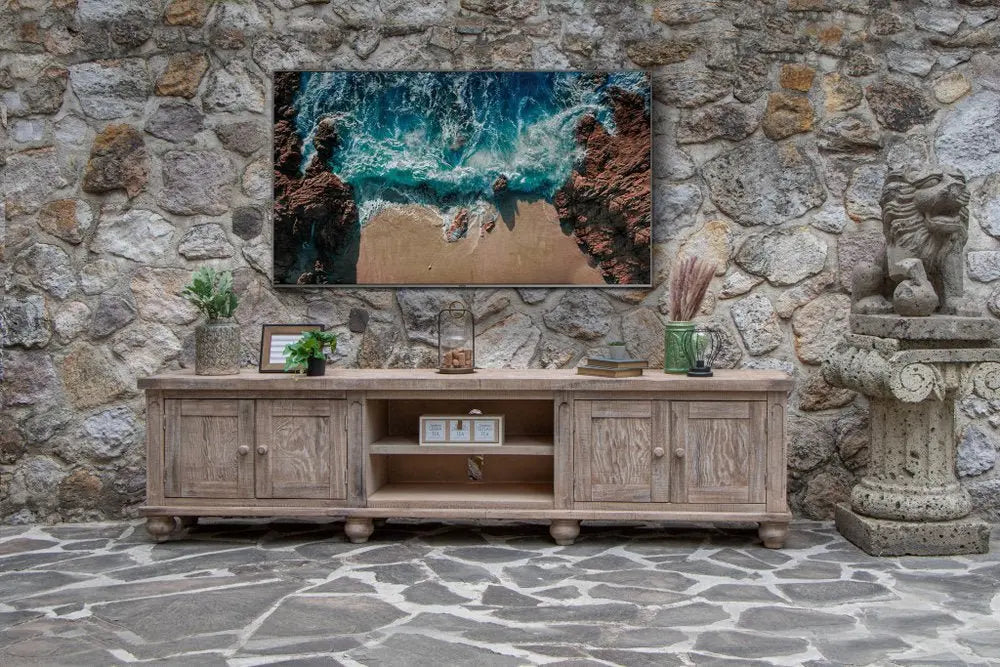 93" Desert Sand Solid Wood Cabinet Enclosed Storage Distressed TV Stand - NOVA HOME FURNITURE