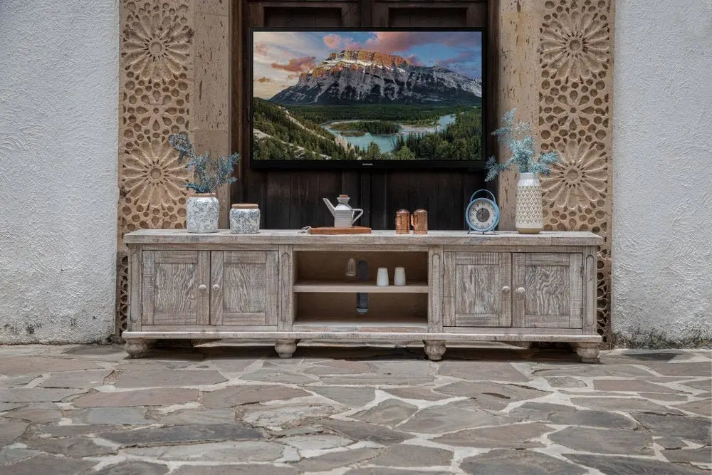 93" Desert Sand Solid Wood Cabinet Enclosed Storage Distressed TV Stand - NOVA HOME FURNITURE