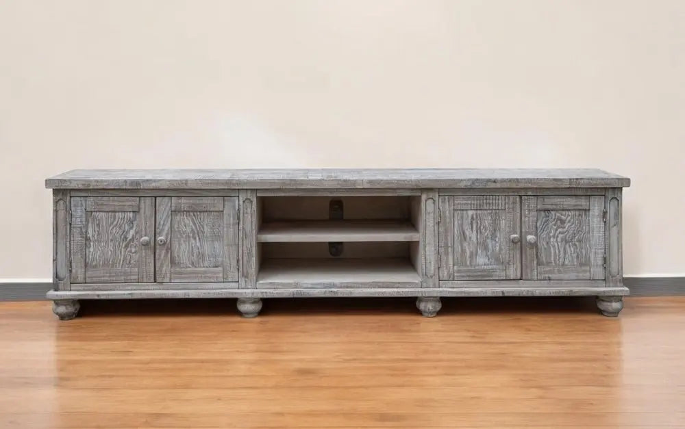 93" Desert Sand Solid Wood Cabinet Enclosed Storage Distressed TV Stand - NOVA HOME FURNITURE