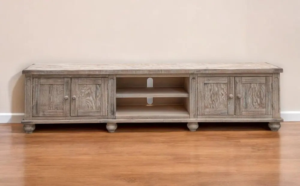 93" Desert Sand Solid Wood Cabinet Enclosed Storage Distressed TV Stand - NOVA HOME FURNITURE