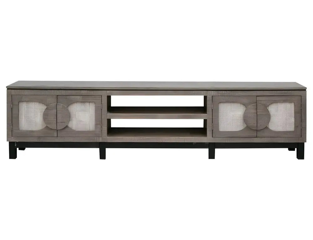 93" Gray Solid Wood Cabinet Enclosed Storage Distressed TV Stand - NOVA HOME FURNITURE