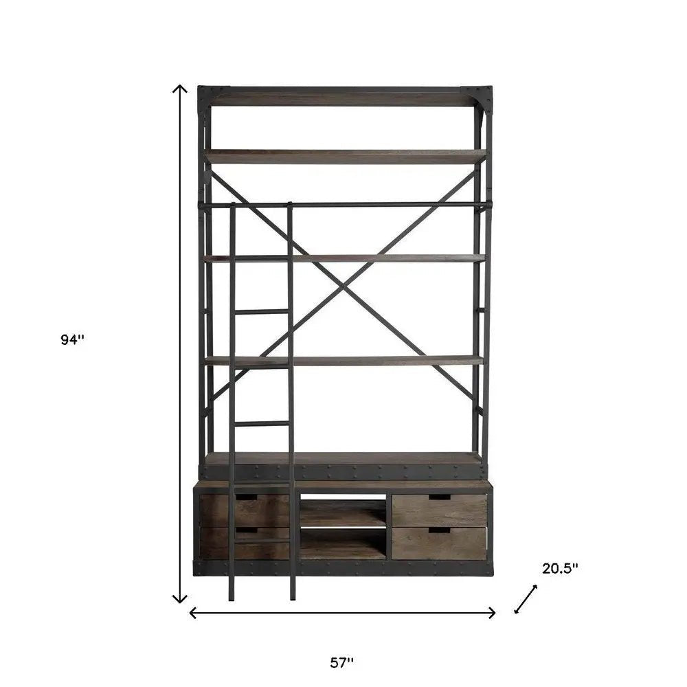 94" Brown Metal and Wood Four Tier Ladder Bookcase HomeRoots