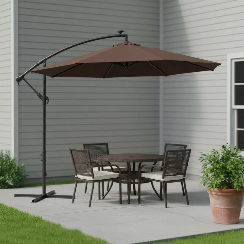 95" Brown Polyester Octagonal Tilt Lighted Market Patio Umbrella with Stand - NOBLE HOME INTERIORS