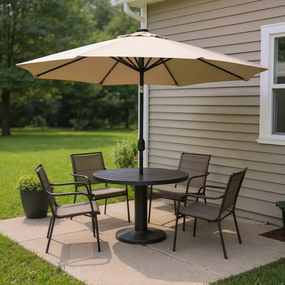 96" Beige Polyester Octagonal Tilt Lighted Market Patio Umbrella - NOBLE HOME INTERIORS
