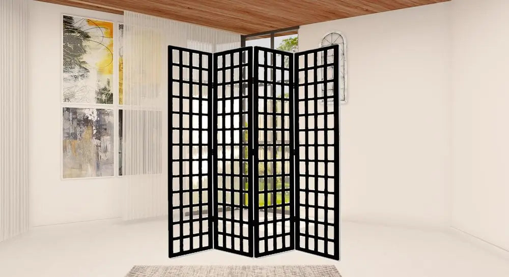 96" Black And White Folding Four Panel Screen Room Divider - NOBLE HOME INTERIORS