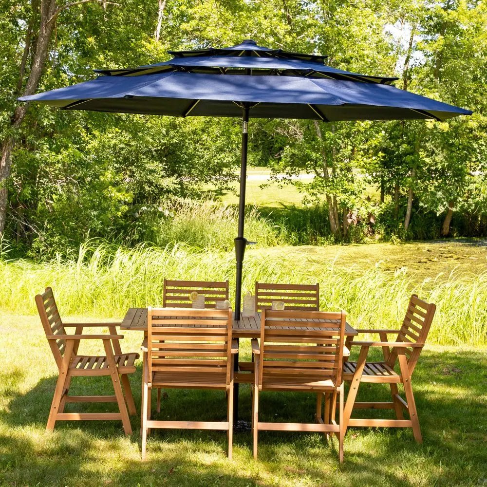 96" Dark Blue Polyester Octagonal Tilt Lighted Market Patio Umbrella - NOBLE HOME INTERIORS
