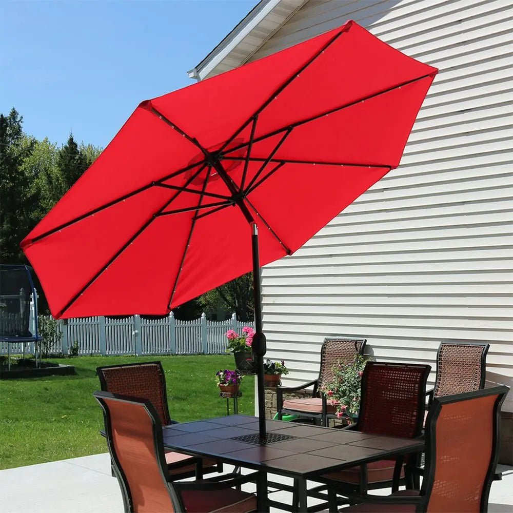 96" Red Polyester Octagonal Tilt Lighted Market Patio Umbrella - NOBLE HOME INTERIORS