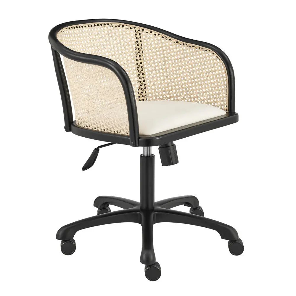 Beige and Black Solid Wood Steel And Cane Rattan Adjustable Swivel Rolling Office Chair - NOBLE HOME INTERIORS