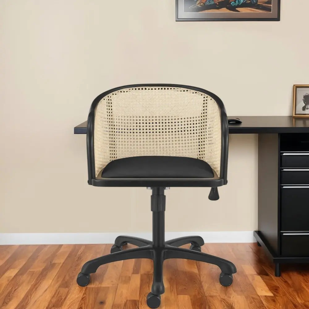 Beige and Black Solid Wood Steel And Cane Rattan Adjustable Swivel Rolling Office Chair - NOBLE HOME INTERIORS