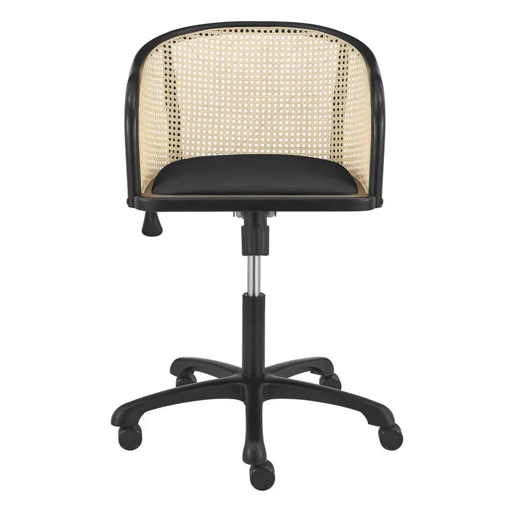 Beige and Black Solid Wood Steel And Cane Rattan Adjustable Swivel Rolling Office Chair - NOBLE HOME INTERIORS