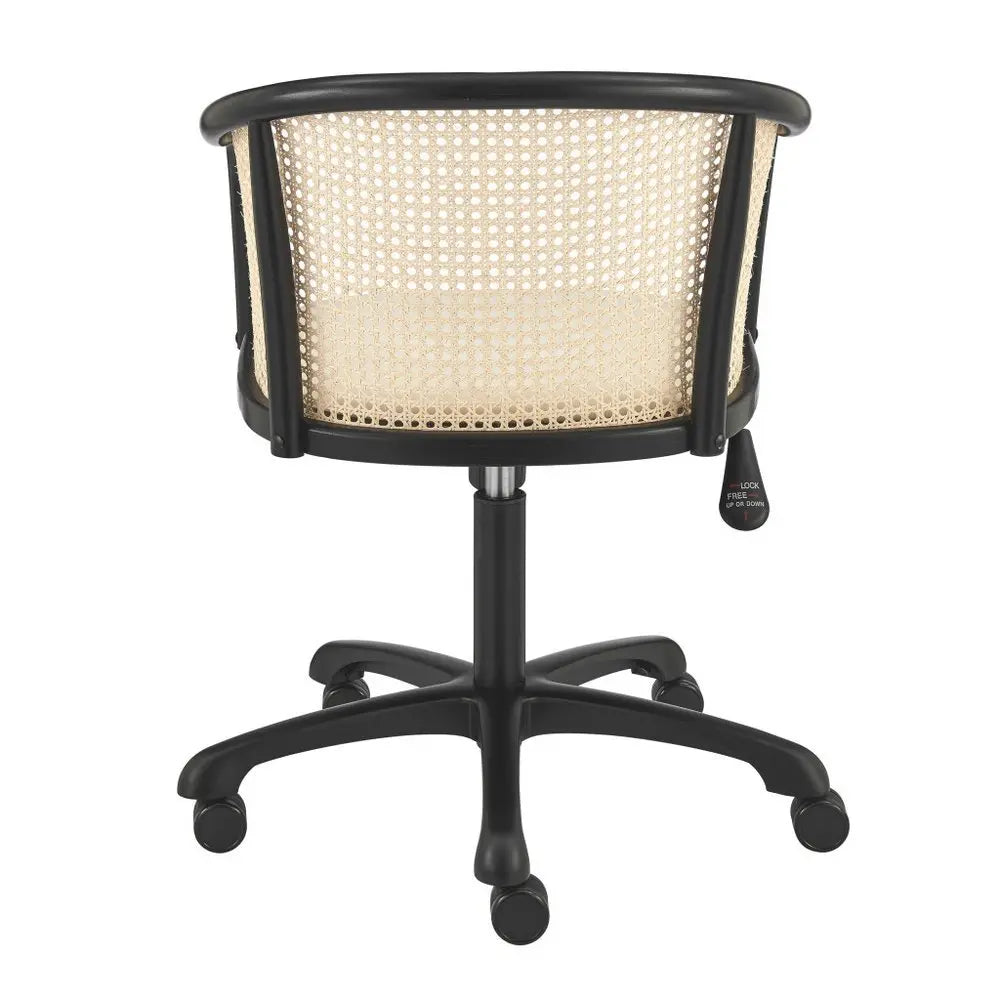 Beige and Black Solid Wood Steel And Cane Rattan Adjustable Swivel Rolling Office Chair - NOBLE HOME INTERIORS