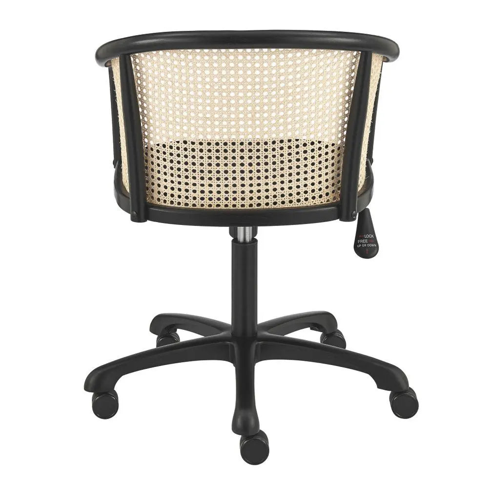 Beige and Black Solid Wood Steel And Cane Rattan Adjustable Swivel Rolling Office Chair - NOBLE HOME INTERIORS