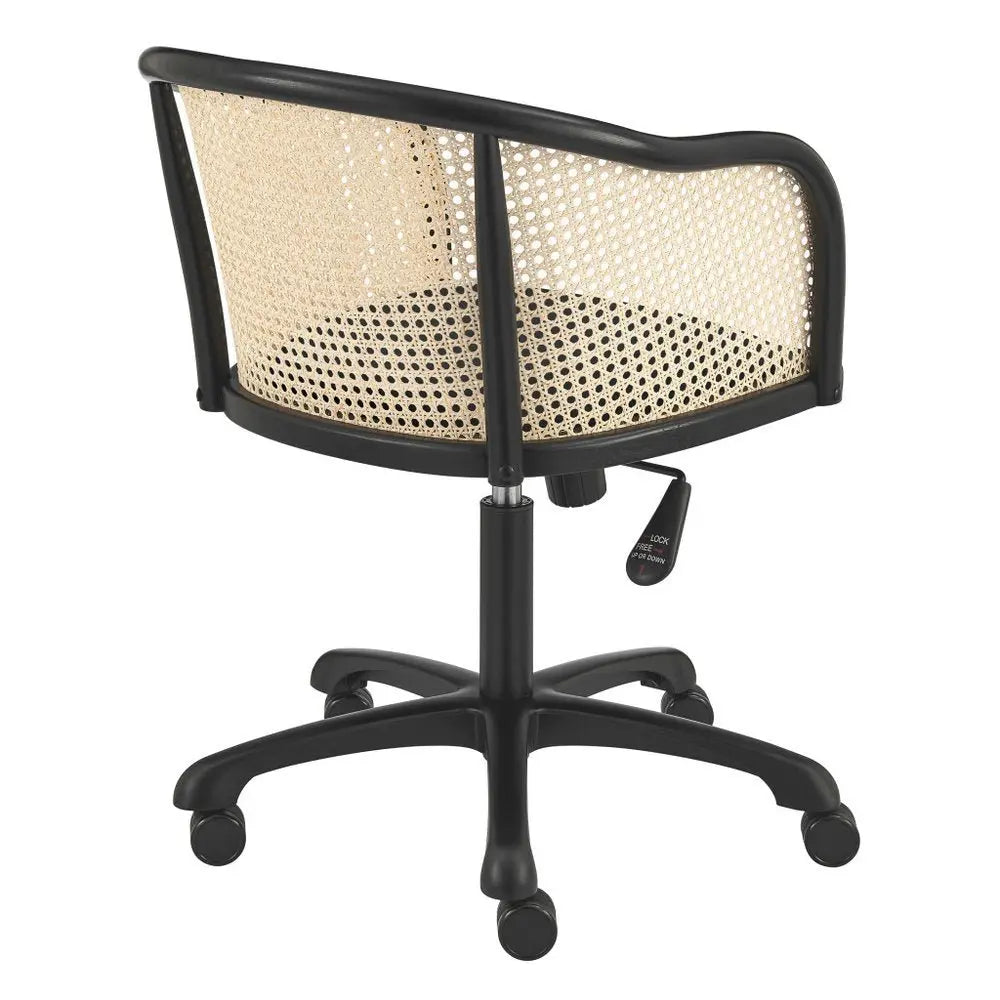 Beige and Black Solid Wood Steel And Cane Rattan Adjustable Swivel Rolling Office Chair - NOBLE HOME INTERIORS