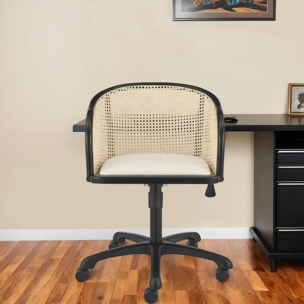 Beige and Black Solid Wood Steel And Cane Rattan Adjustable Swivel Rolling Office Chair - NOBLE HOME INTERIORS