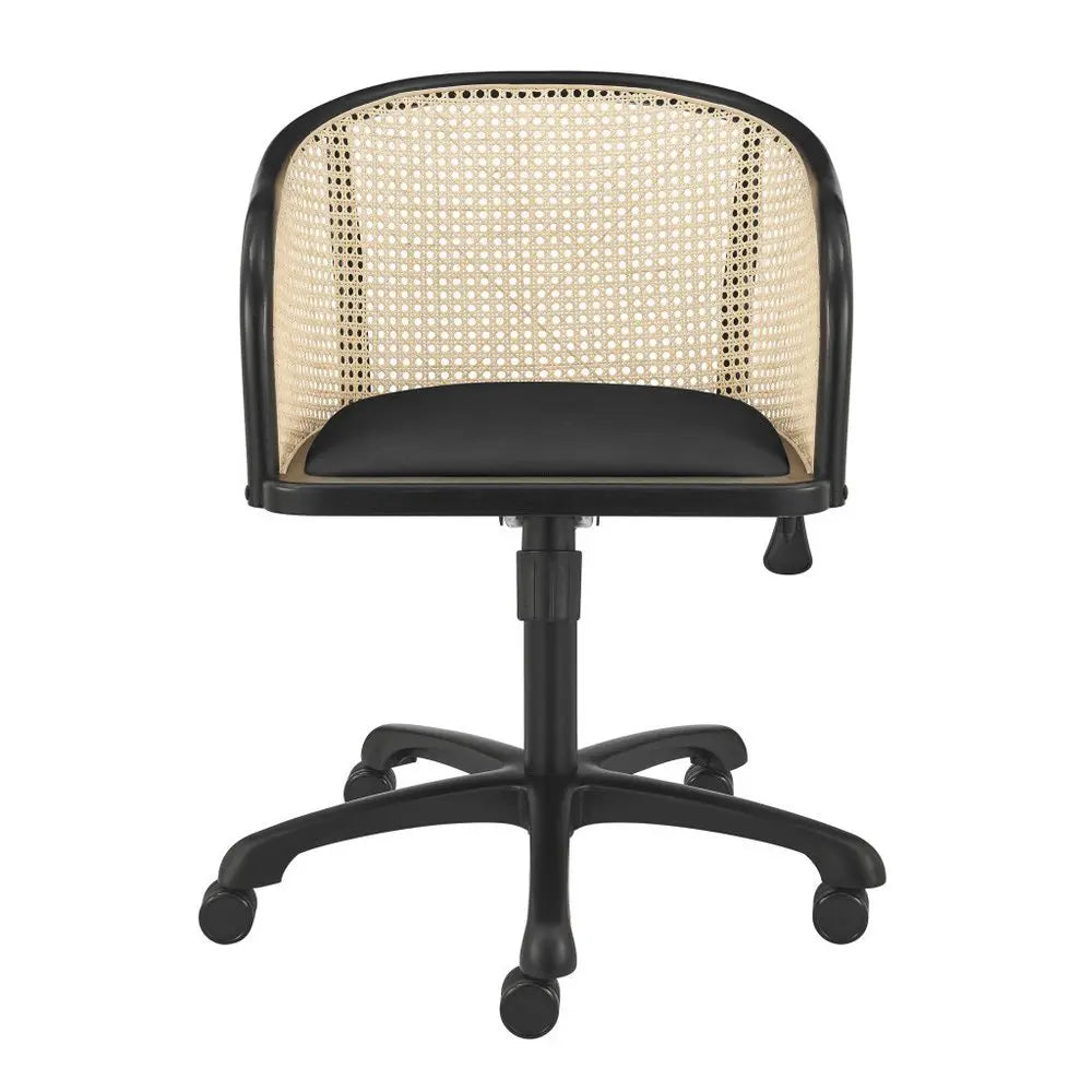 Beige and Black Solid Wood Steel And Cane Rattan Adjustable Swivel Rolling Office Chair - NOBLE HOME INTERIORS