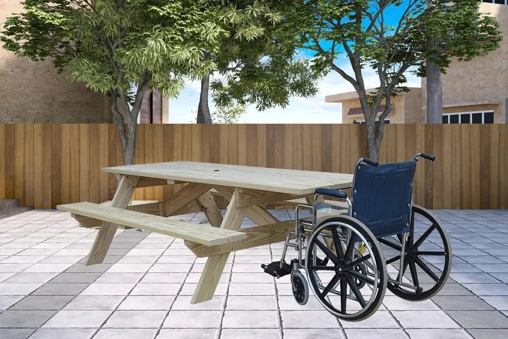 Beige Solid Wood Outdoor Picnic Table Umbrella Hole - NOBLE HOME INTERIORS