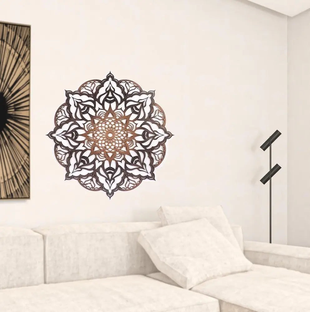 Black And Copper Solid Wood Geometric Mandala Wall Decor - NOBLE HOME INTERIORS