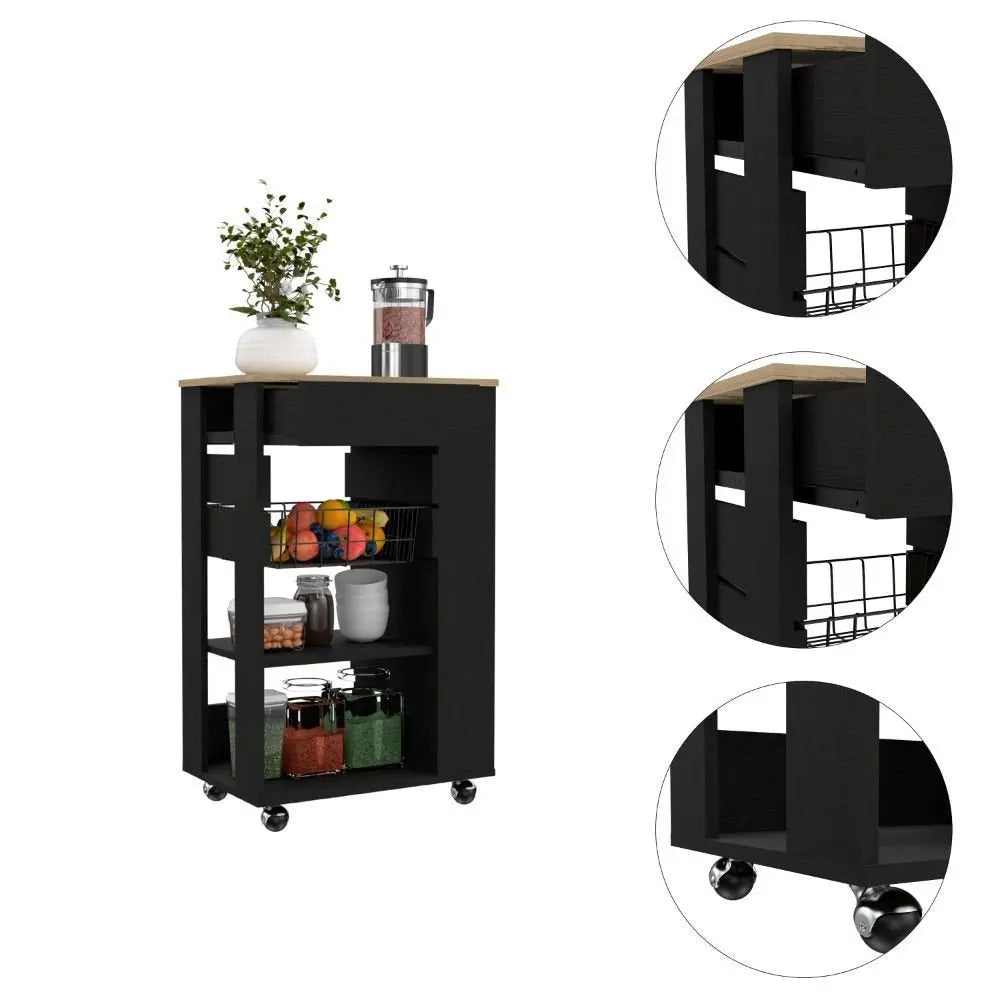 Black and Natural 22" Rolling Kitchen Cart With Storage - NOVA HOME FURNITURE
