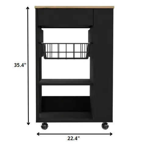 Black and Natural 22" Rolling Kitchen Cart With Storage - NOVA HOME FURNITURE