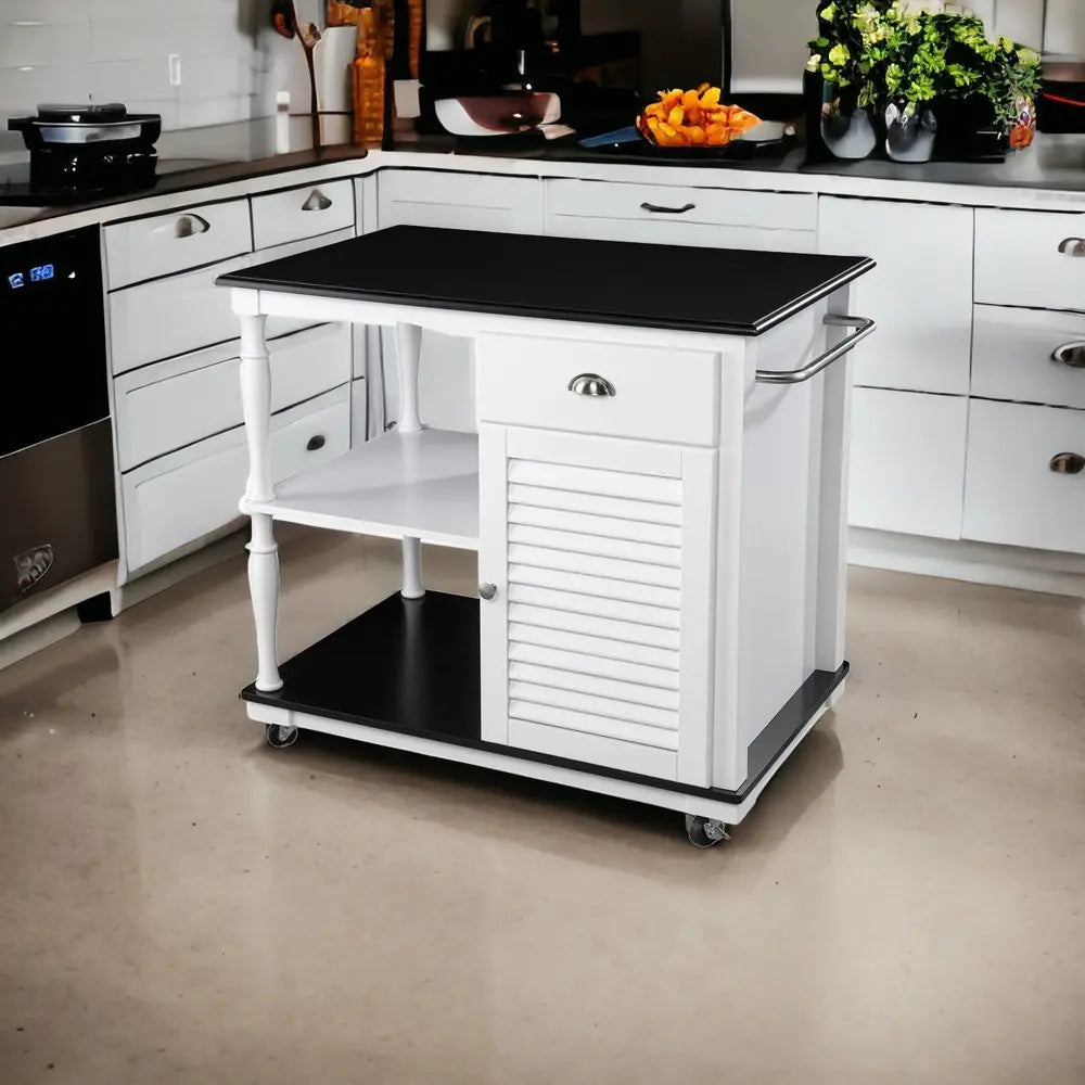 Black and White and Black 39" Rolling Kitchen Island With Storage - NOVA HOME FURNITURE
